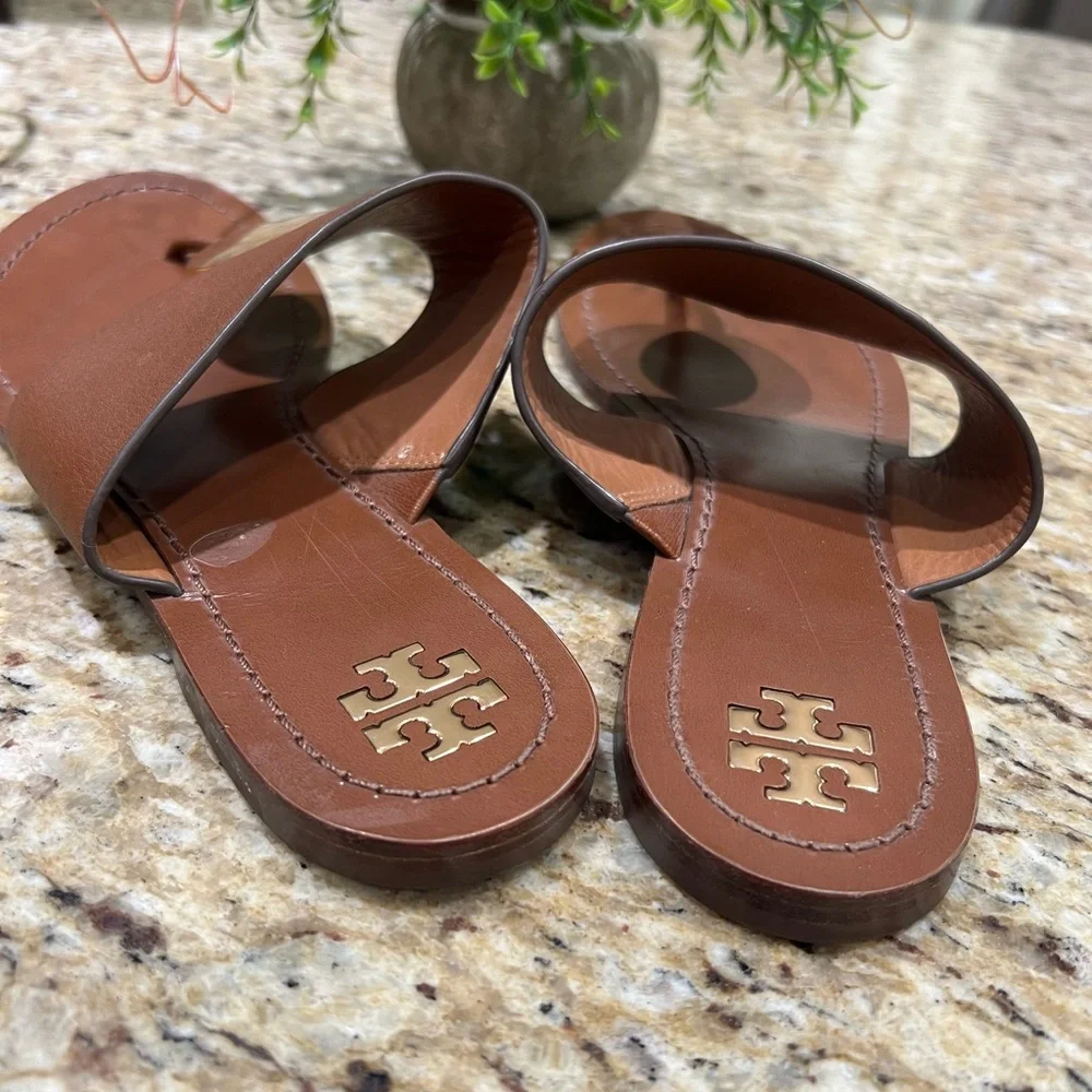 Tory Burch Patos Disk Brown Leather Flat Sandals 9.5